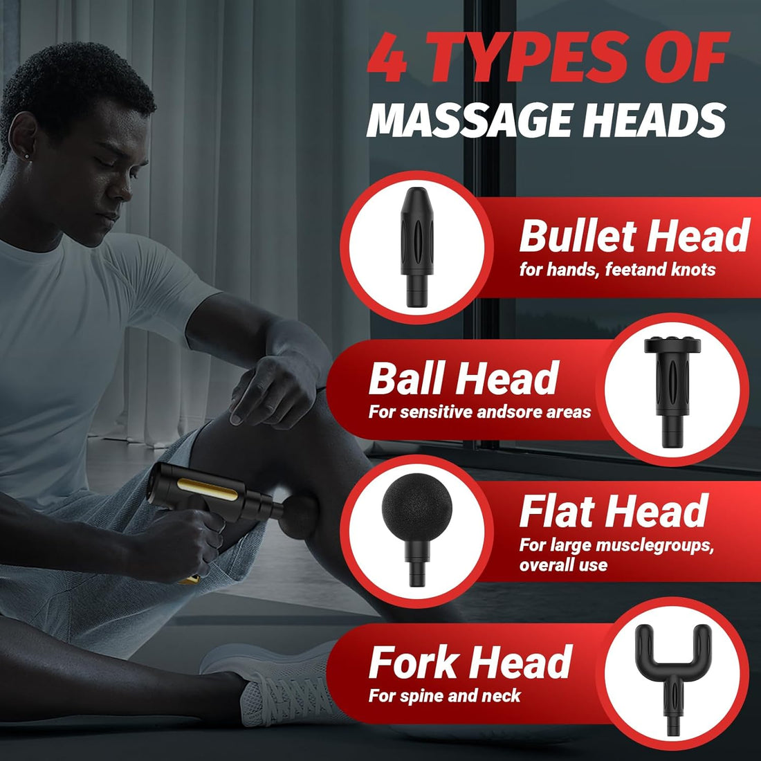 BlissPulse mini massage gun with four massage heads: bullet, ball, flat and fork
