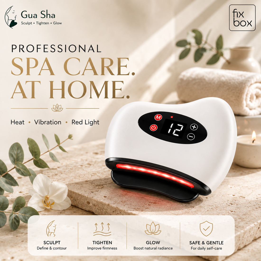 Electric Gua Sha technology: heat, vibration, and red light for sculpting, tightening, and glow