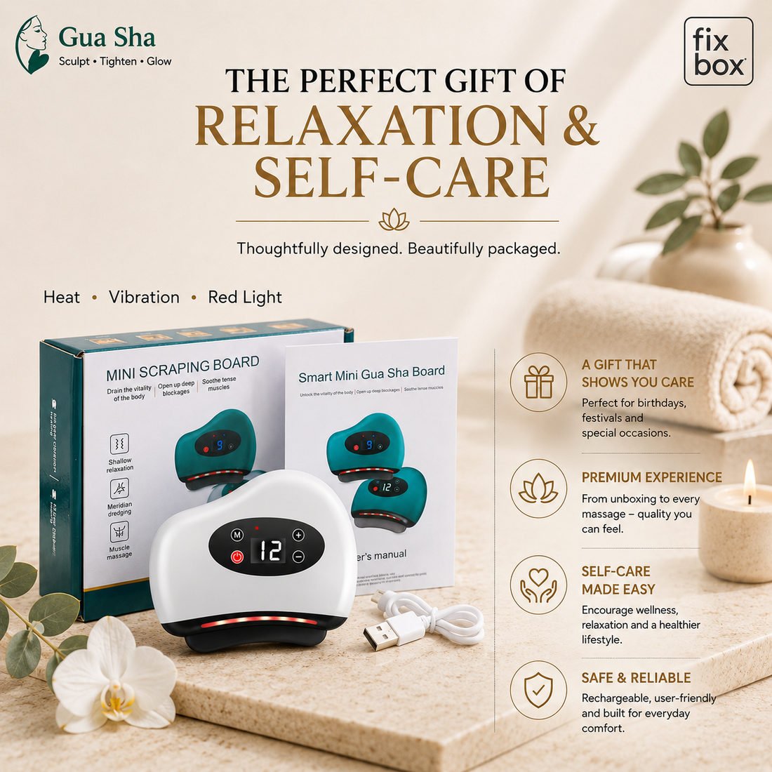 Electric Gua Sha gift-ready packaging with mini scraping board, user manual, and USB cable