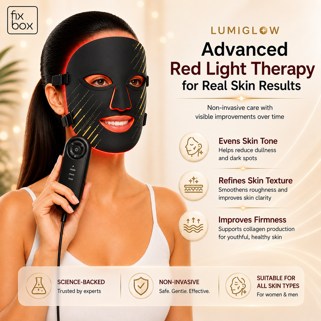 LumiGlow Pro skin benefits: evens skin tone, refines skin texture, improves firmness