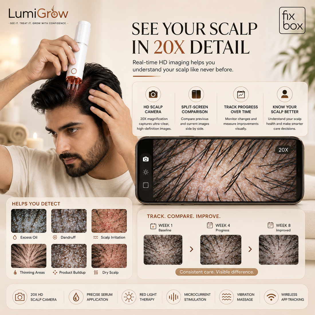 LumiGrow HD scalp analyzer showing a scalp in 20X detail on a phone