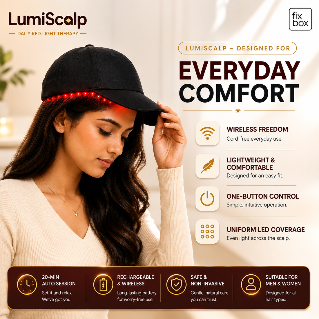 LumiScalp everyday comfort features: wireless freedom, lightweight design, one-button control, uniform LED coverage