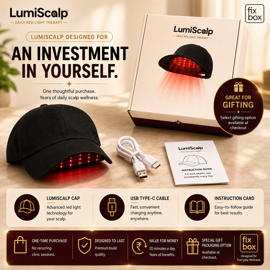 LumiScalp unboxing: cap, USB Type-C cable, instruction card, and gift-ready packaging