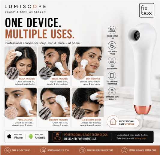 LumiScope multiple uses: scalp analysis, beard analysis, skin analysis, pore analysis, eyebrow analysis, and hair density check