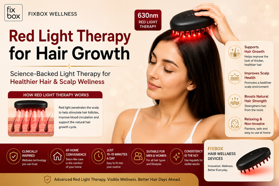 Woman using red light therapy device for hair growth and scalp wellness by Fixbox