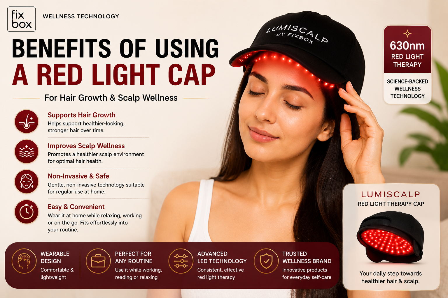 Woman using Lumiglow red light therapy LED face mask by Fixbox for glowing skin and skincare wellness