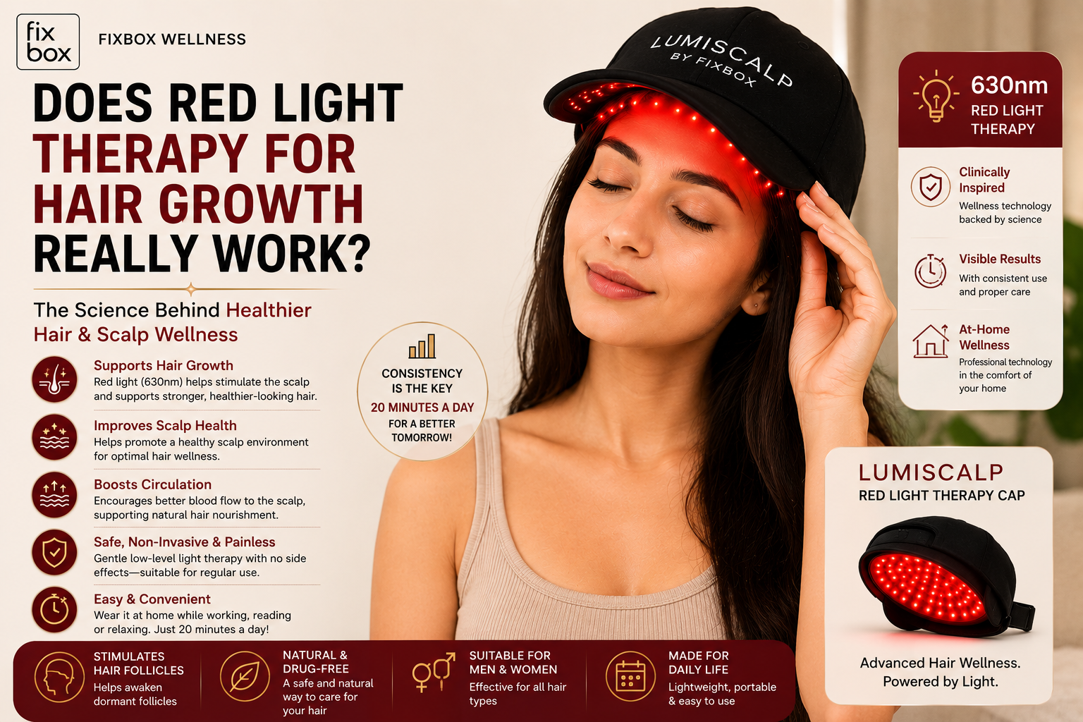 Woman using Lumiscalp red light therapy cap by Fixbox for hair growth and scalp wellness
