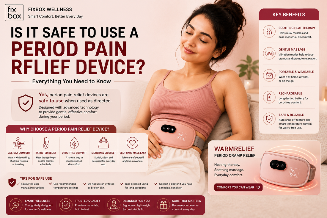 Woman using WarmRelief wearable period pain relief device by Fixbox for menstrual cramp comfort and wellness