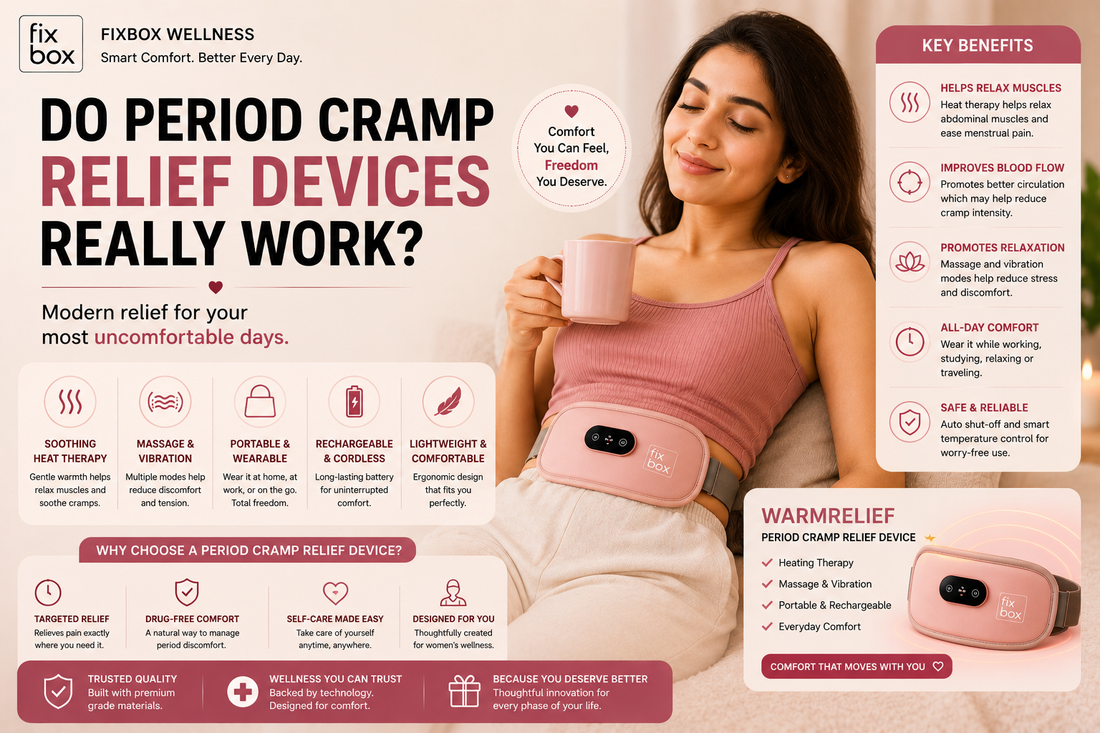 Woman using WarmRelief wearable period cramp relief device by Fixbox for menstrual comfort and wellness