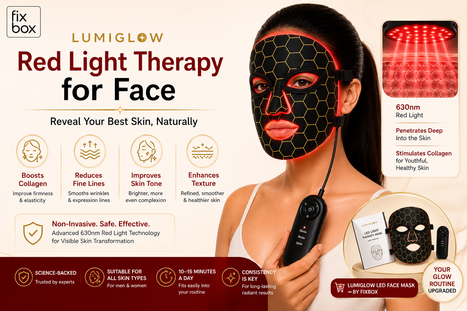 Red Light Therapy for Face using Lumiglow LED Face Mask by Fixbox for collagen support, glowing skin, anti-aging skincare, and LED light facial treatment at home.