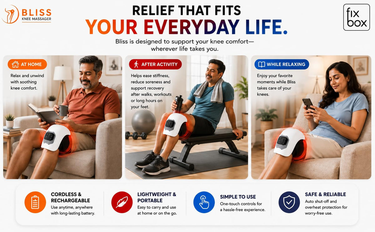 Bliss Knee Massager for Joint & Arthritis Pain Relief with Heat Therapy, Red Light Therapy & Vibration Massage | Portable & Lightweight for Physiotherapy, Recovery & Mobility | For All Age Groups details