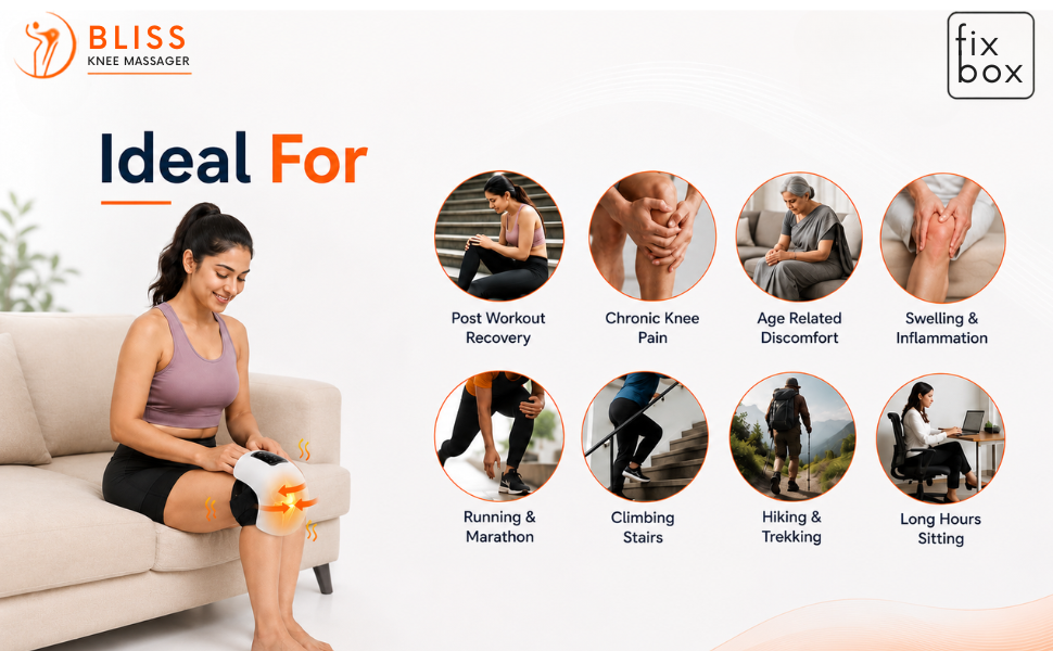 Bliss Knee Massager for Joint & Arthritis Pain Relief with Heat Therapy, Red Light Therapy & Vibration Massage | Portable & Lightweight for Physiotherapy, Recovery & Mobility | For All Age Groups details