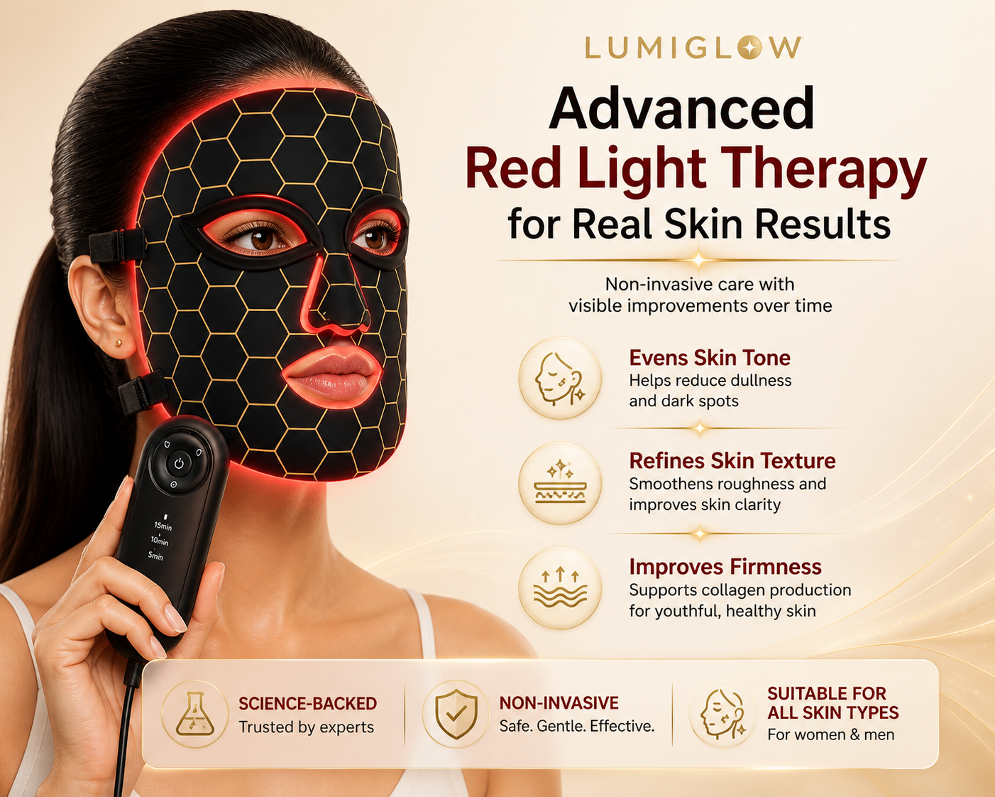 LumiGlow Pro Red Light Therapy for Face| Face Mask for Skin Rejuvenation, Anti-Aging, Reducing Wrinkles & Acne