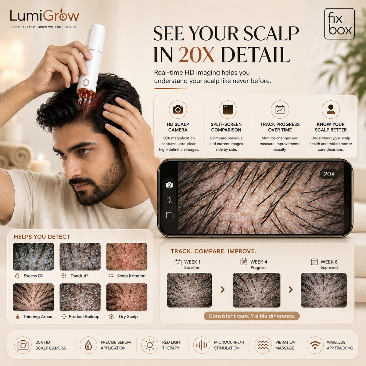 LumiGrow HD Scalp Analyzer & Serum Applicator Comb with 20X Camera, Red Light Therapy & Microcurrent Stimulation