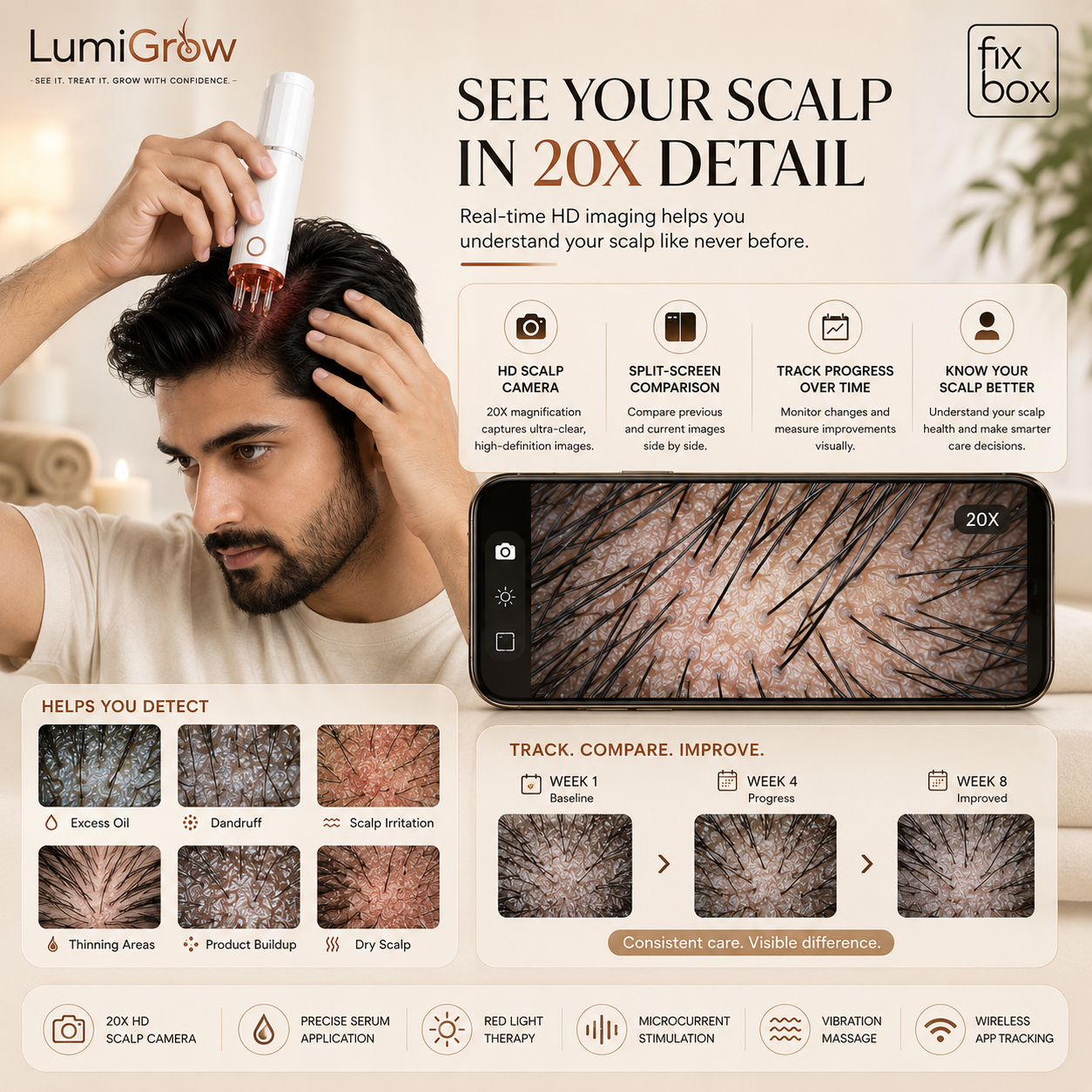 LumiGrow HD Scalp Analyzer & Serum Applicator Comb with 20X Camera, Red Light Therapy & Microcurrent Stimulation