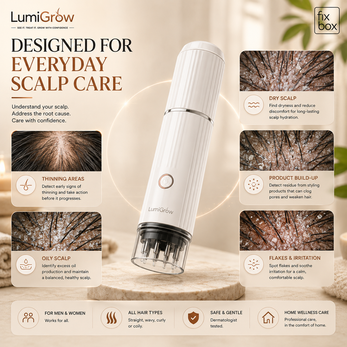 LumiGrow HD Scalp Analyzer & Serum Applicator Comb with 20X Camera, Red Light Therapy & Microcurrent Stimulation