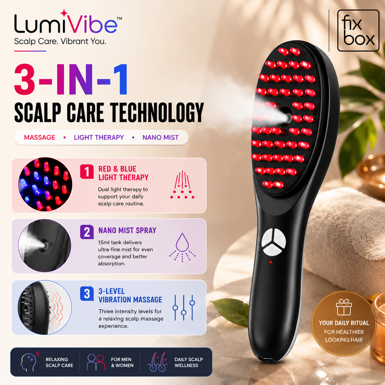 FixBox LumiVibe Red & Blue Light Therapy Scalp Massager Comb