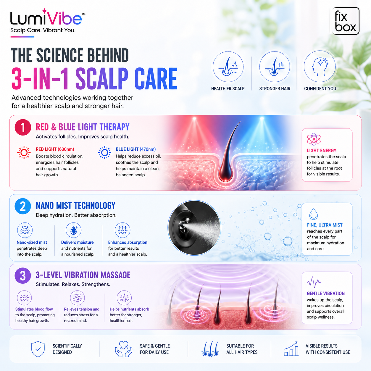 FixBox LumiVibe Red & Blue Light Therapy Scalp Massager Comb