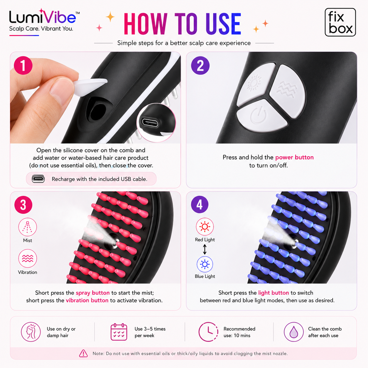 FixBox LumiVibe Red & Blue Light Therapy Scalp Massager Comb