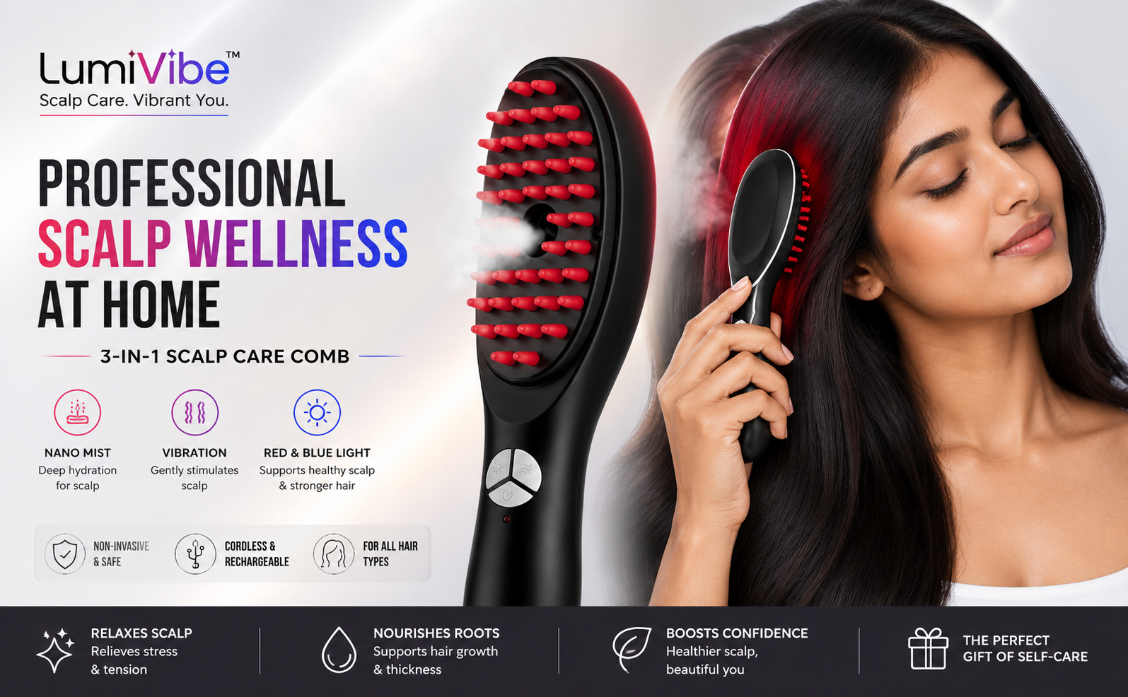 FixBox LumiVibe Red & Blue Light Therapy Scalp Massager Comb