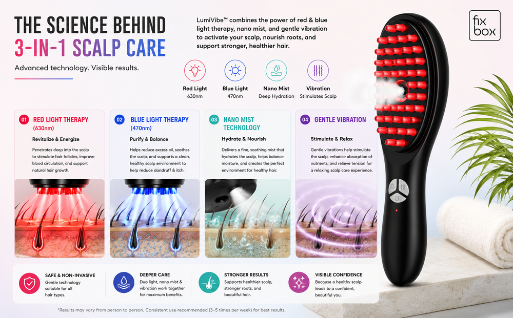FixBox LumiVibe Red & Blue Light Therapy Scalp Massager Comb