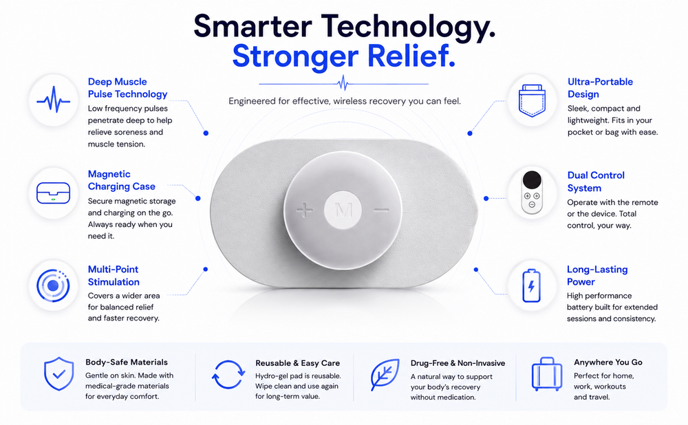 PulsePro Wireless TENS and EMS Muscle Stimulator | Portable Smart Therapy with Remote and Charging Case