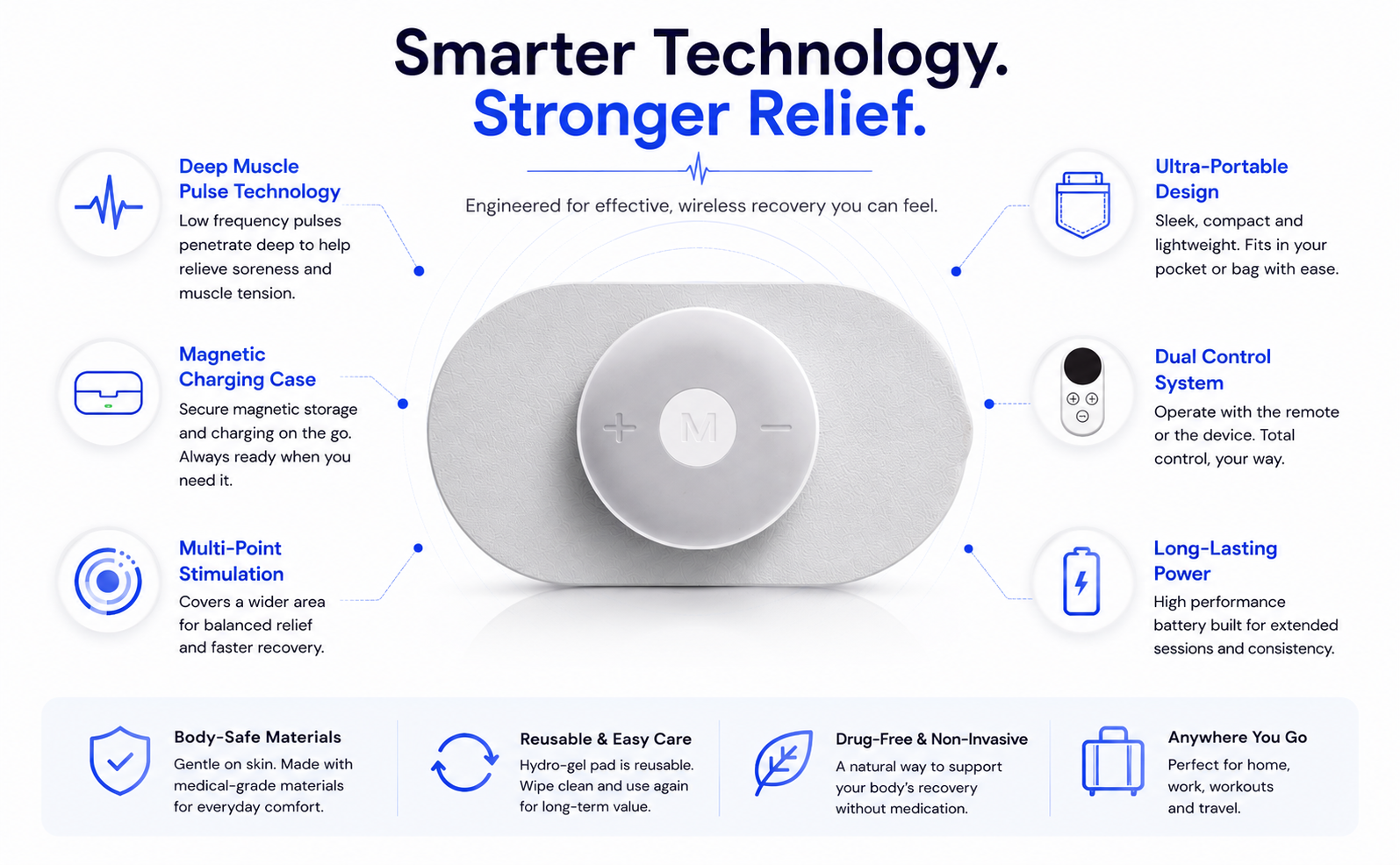 PulsePro Wireless TENS and EMS Muscle Stimulator | Portable Smart Therapy with Remote and Charging Case
