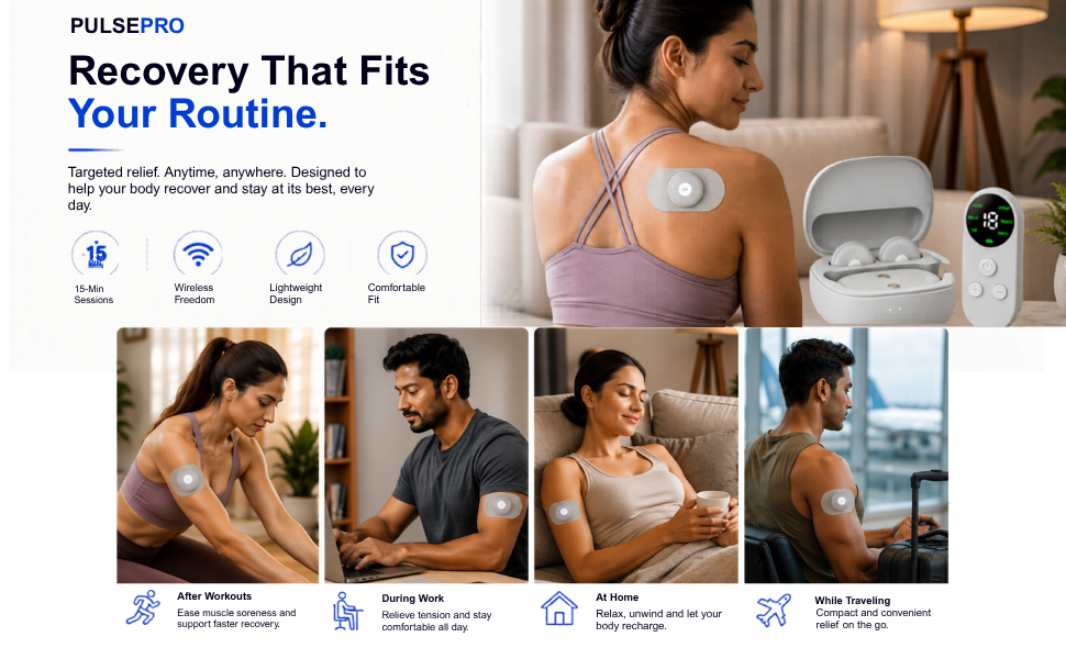 PulsePro Wireless TENS and EMS Muscle Stimulator | Portable Smart Therapy with Remote and Charging Case
