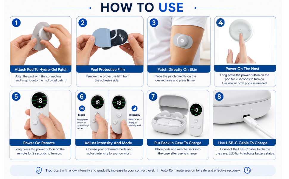 PulsePro Wireless TENS and EMS Muscle Stimulator | Portable Smart Therapy with Remote and Charging Case