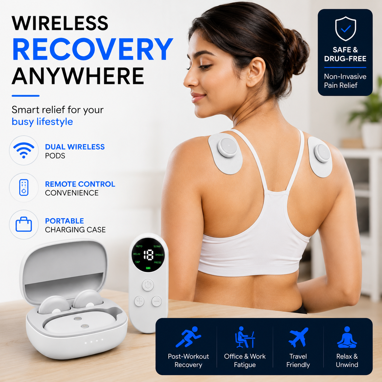PulsePro Wireless TENS and EMS Muscle Stimulator | Portable Smart Therapy with Remote and Charging Case