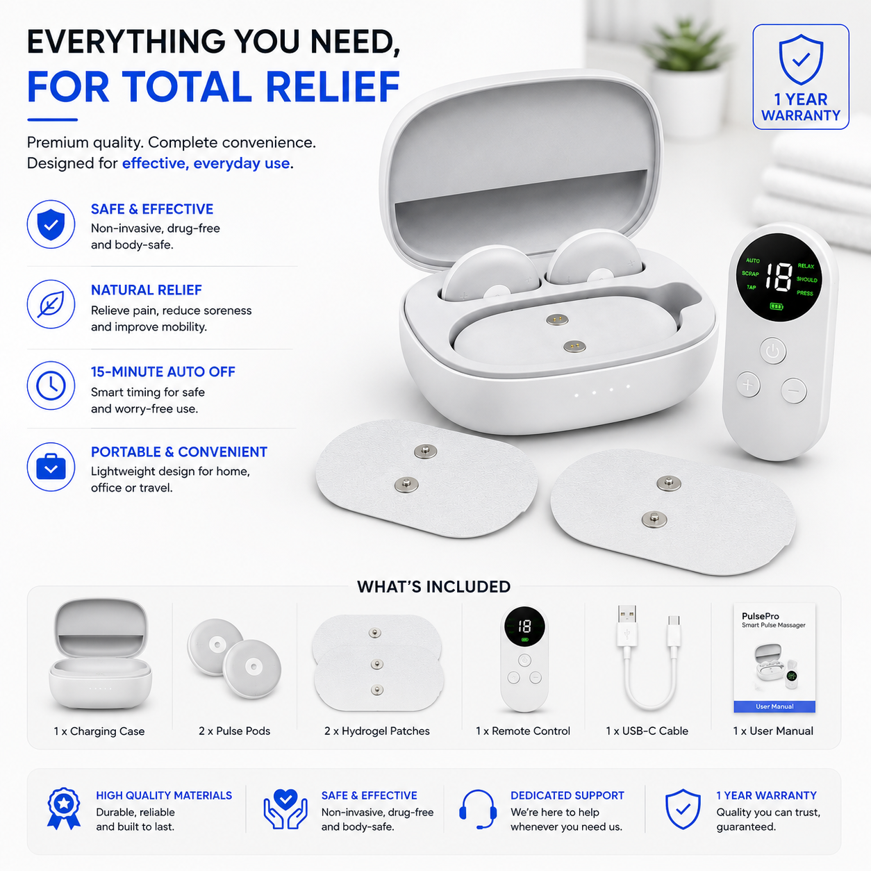 PulsePro Wireless TENS and EMS Muscle Stimulator | Portable Smart Therapy with Remote and Charging Case