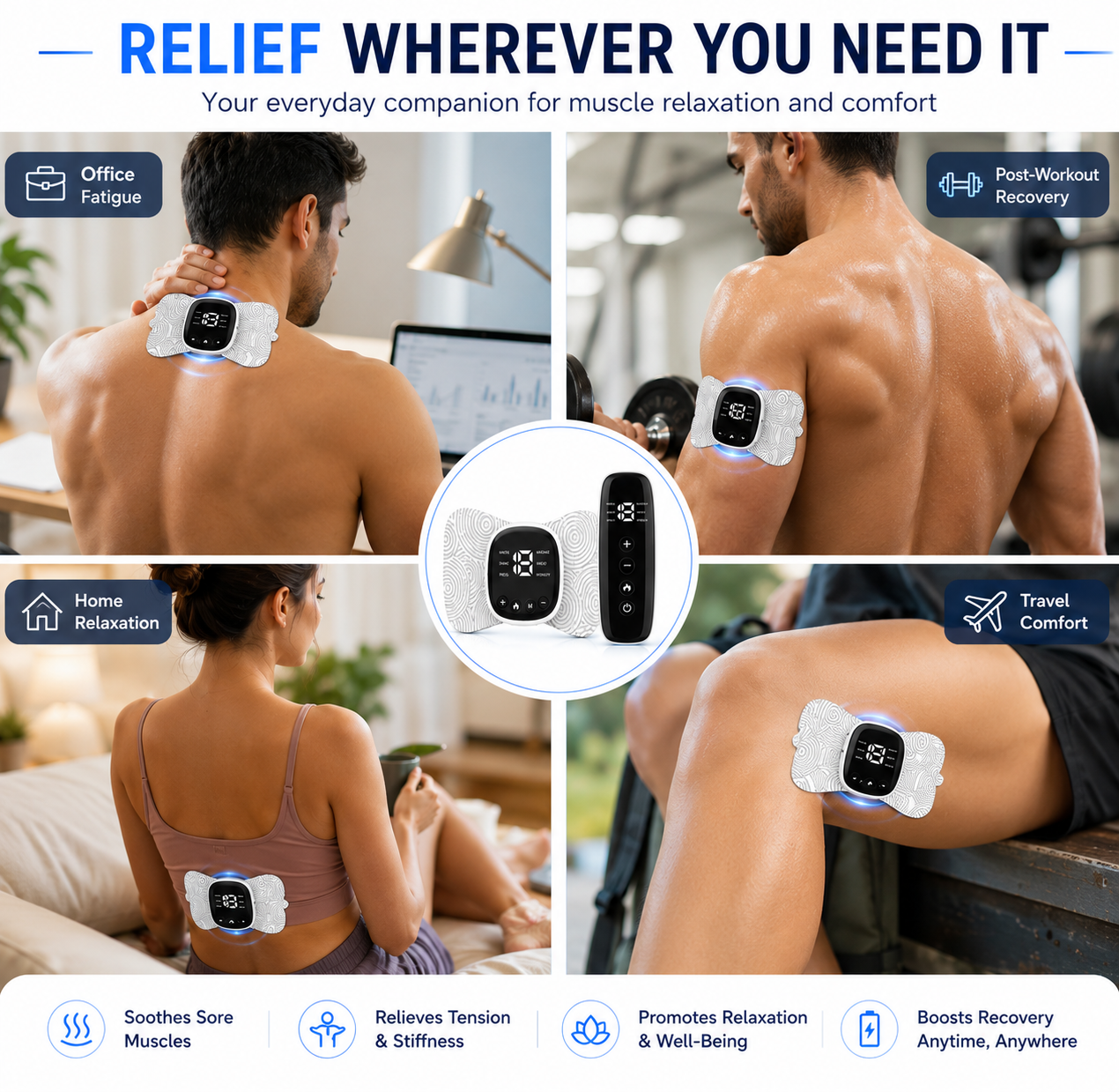 ReliefPulse TENS & EMS Muscle Stimulator with Heat & Remote | 6 Massage Modes, 19 Intensity Levels | Rechargeable Wireless Muscle Recovery Patch for Neck, Back, Shoulder & Body Pain Relief