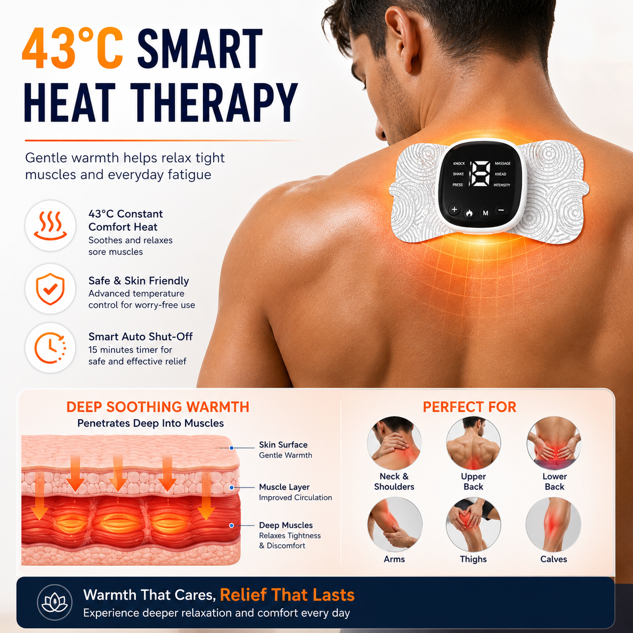 ReliefPulse TENS & EMS Muscle Stimulator with Heat & Remote | 6 Massage Modes, 19 Intensity Levels | Rechargeable Wireless Muscle Recovery Patch for Neck, Back, Shoulder & Body Pain Relief