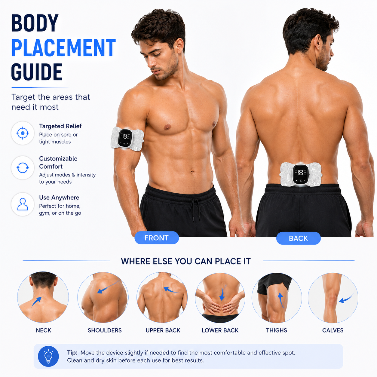 ReliefPulse TENS & EMS Muscle Stimulator with Heat & Remote | 6 Massage Modes, 19 Intensity Levels | Rechargeable Wireless Muscle Recovery Patch for Neck, Back, Shoulder & Body Pain Relief