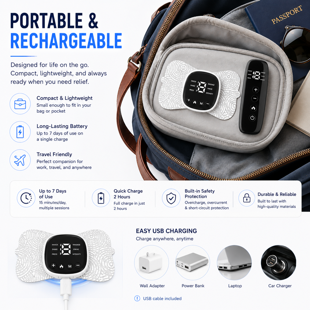 ReliefPulse TENS & EMS Muscle Stimulator with Heat & Remote | 6 Massage Modes, 19 Intensity Levels | Rechargeable Wireless Muscle Recovery Patch for Neck, Back, Shoulder & Body Pain Relief