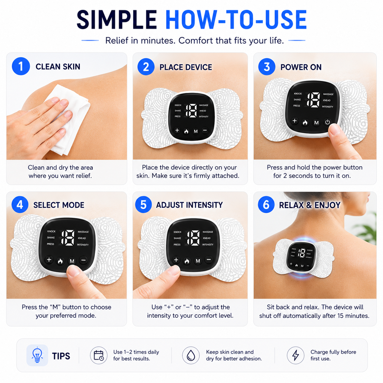 ReliefPulse TENS & EMS Muscle Stimulator with Heat & Remote | 6 Massage Modes, 19 Intensity Levels | Rechargeable Wireless Muscle Recovery Patch for Neck, Back, Shoulder & Body Pain Relief