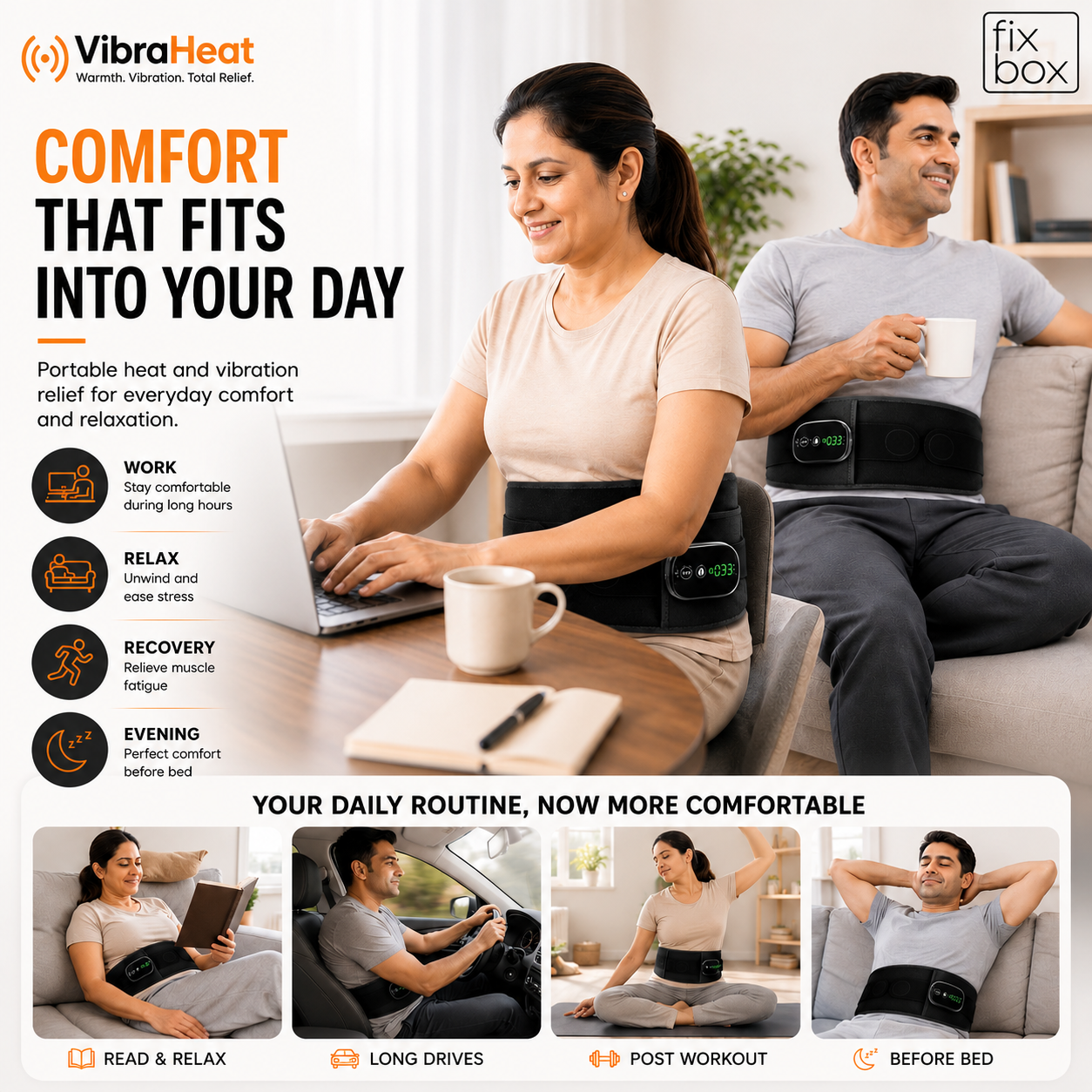 VibraHeat Heated Back Brace with Vibration Massage | Rechargeable Lumbar Support Belt for Lower Back Comfort, Relaxation, Recovery & Daily Wellness