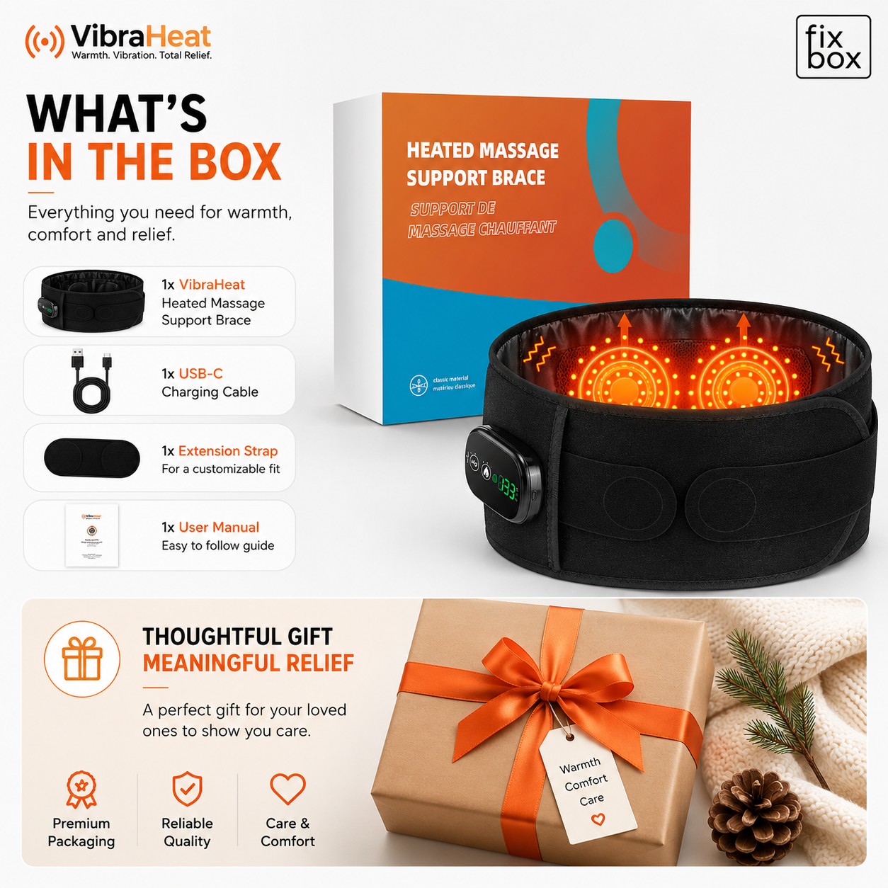 VibraHeat Heated Back Brace with Vibration Massage | Rechargeable Lumbar Support Belt for Lower Back Comfort, Relaxation, Recovery & Daily Wellness