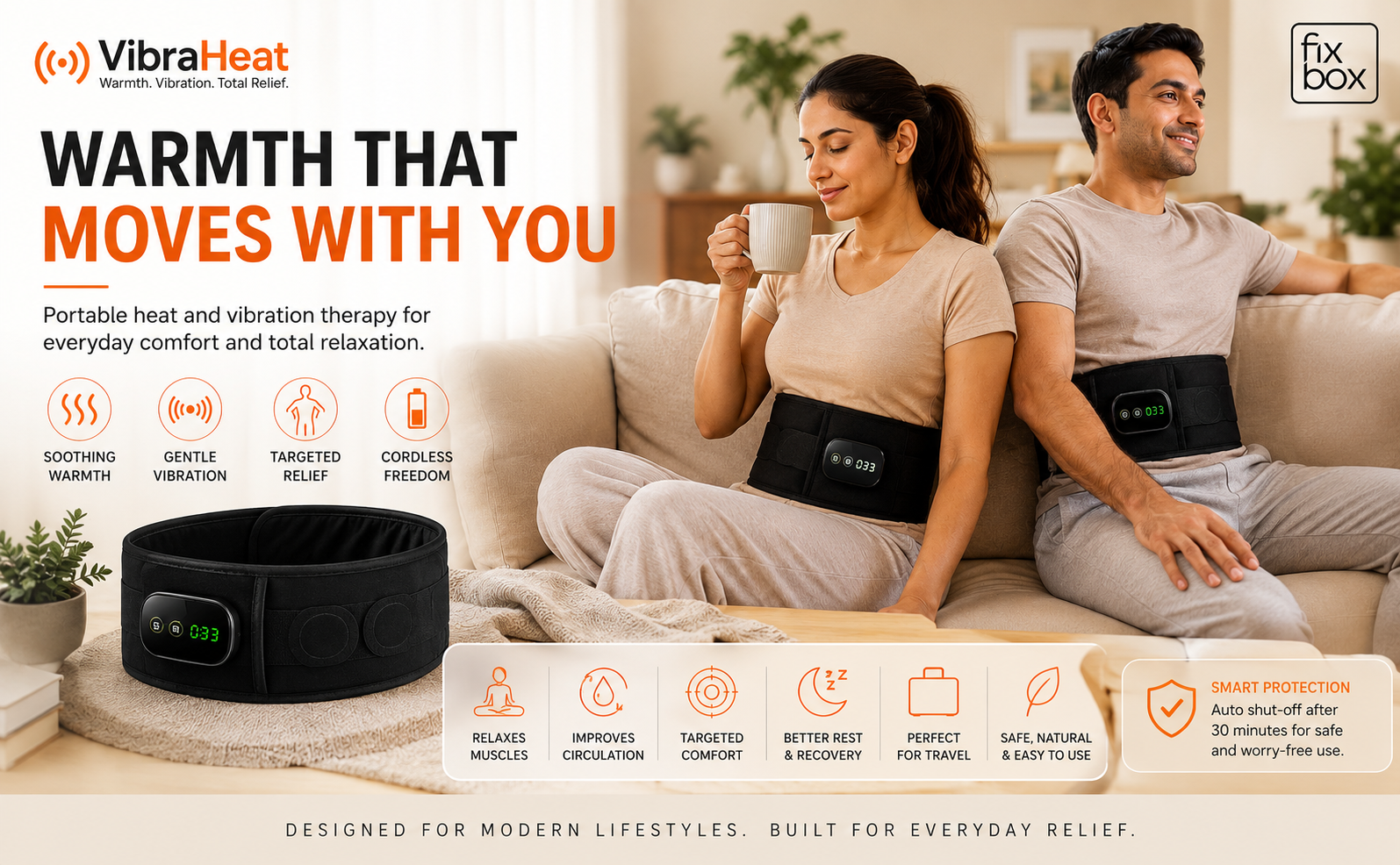 VibraHeat Heated Back Brace with Vibration Massage | Rechargeable Lumbar Support Belt for Lower Back Comfort, Relaxation, Recovery & Daily Wellness