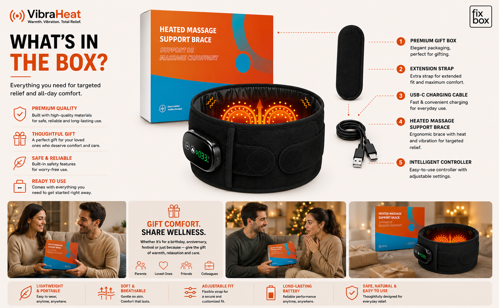 VibraHeat Heated Back Brace with Vibration Massage | Rechargeable Lumbar Support Belt for Lower Back Comfort, Relaxation, Recovery & Daily Wellness