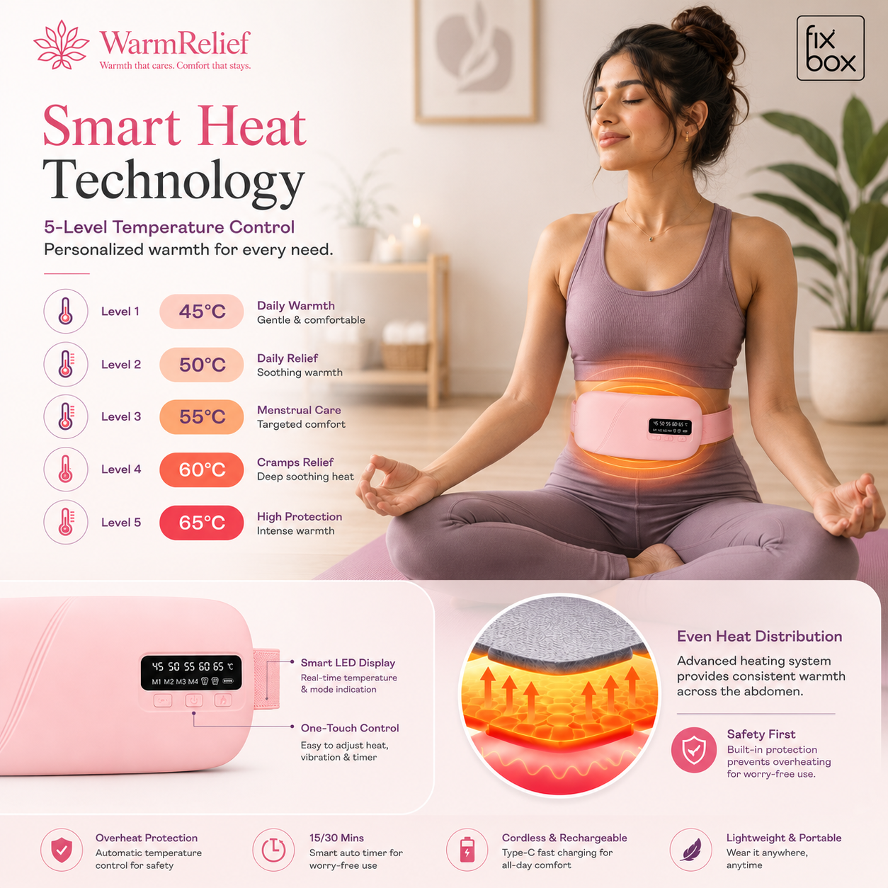 WarmRelief Cordless Heating Pad with 5-Level Heat & 4-Mode Vibration Massage, Period Cramp Relief, Velvet Padding, Smart Timer, Ergonomic and Discreet.