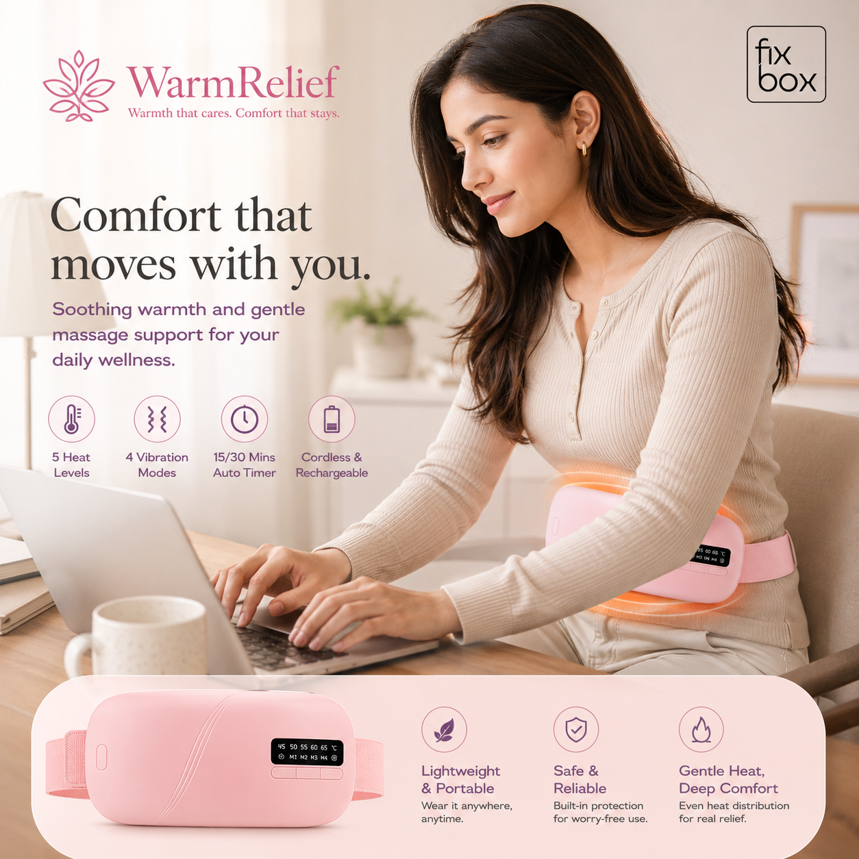 WarmRelief Cordless Heating Pad with 5-Level Heat & 4-Mode Vibration Massage, Period Cramp Relief, Velvet Padding, Smart Timer, Ergonomic and Discreet.