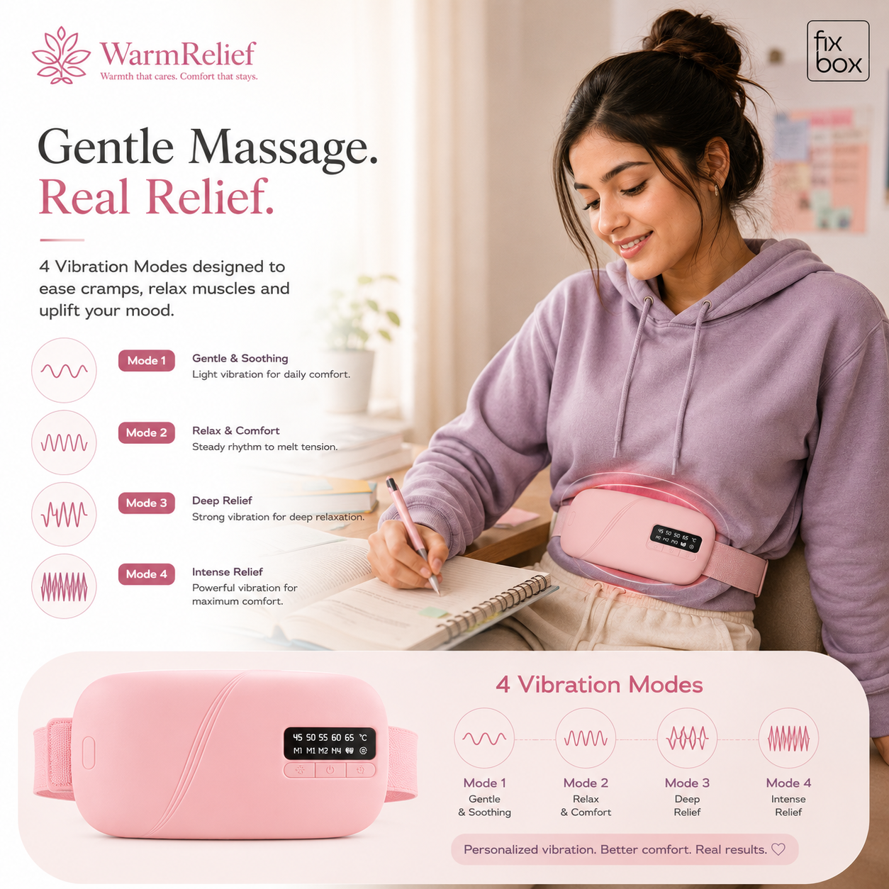 WarmRelief Cordless Heating Pad with 5-Level Heat & 4-Mode Vibration Massage, Period Cramp Relief, Velvet Padding, Smart Timer, Ergonomic and Discreet.