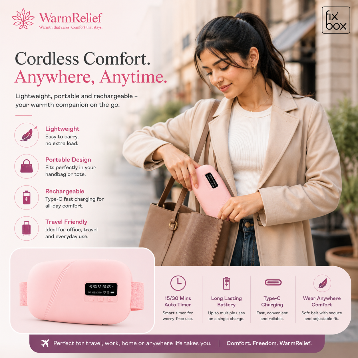 WarmRelief Cordless Heating Pad with 5-Level Heat & 4-Mode Vibration Massage, Period Cramp Relief, Velvet Padding, Smart Timer, Ergonomic and Discreet.