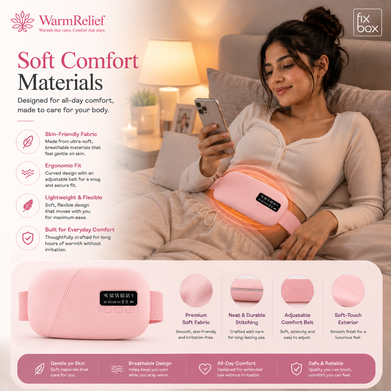 WarmRelief Cordless Heating Pad with 5-Level Heat & 4-Mode Vibration Massage, Period Cramp Relief, Velvet Padding, Smart Timer, Ergonomic and Discreet.