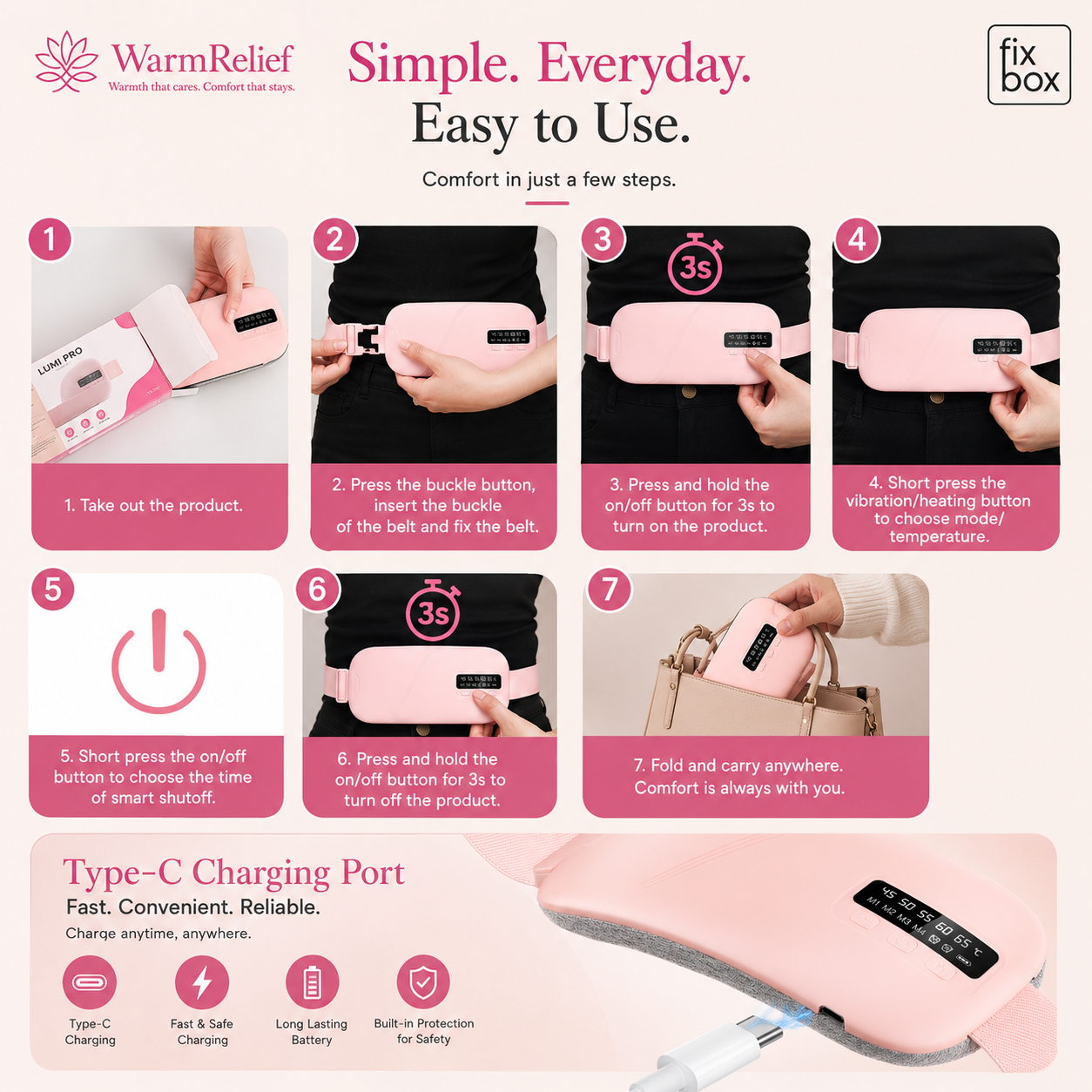 WarmRelief Cordless Heating Pad with 5-Level Heat & 4-Mode Vibration Massage, Period Cramp Relief, Velvet Padding, Smart Timer, Ergonomic and Discreet.