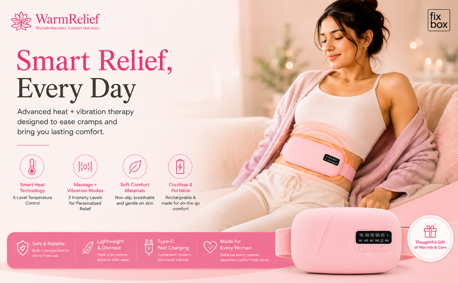 WarmRelief Cordless Heating Pad with 5-Level Heat & 4-Mode Vibration Massage, Period Cramp Relief, Velvet Padding, Smart Timer, Ergonomic and Discreet.