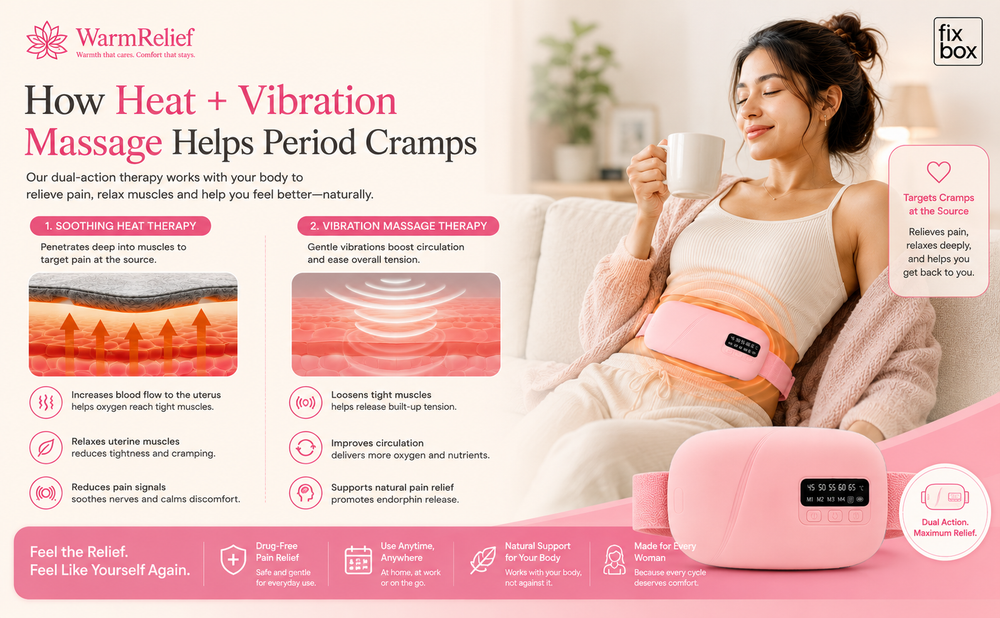 WarmRelief Cordless Heating Pad with 5-Level Heat & 4-Mode Vibration Massage, Period Cramp Relief, Velvet Padding, Smart Timer, Ergonomic and Discreet.