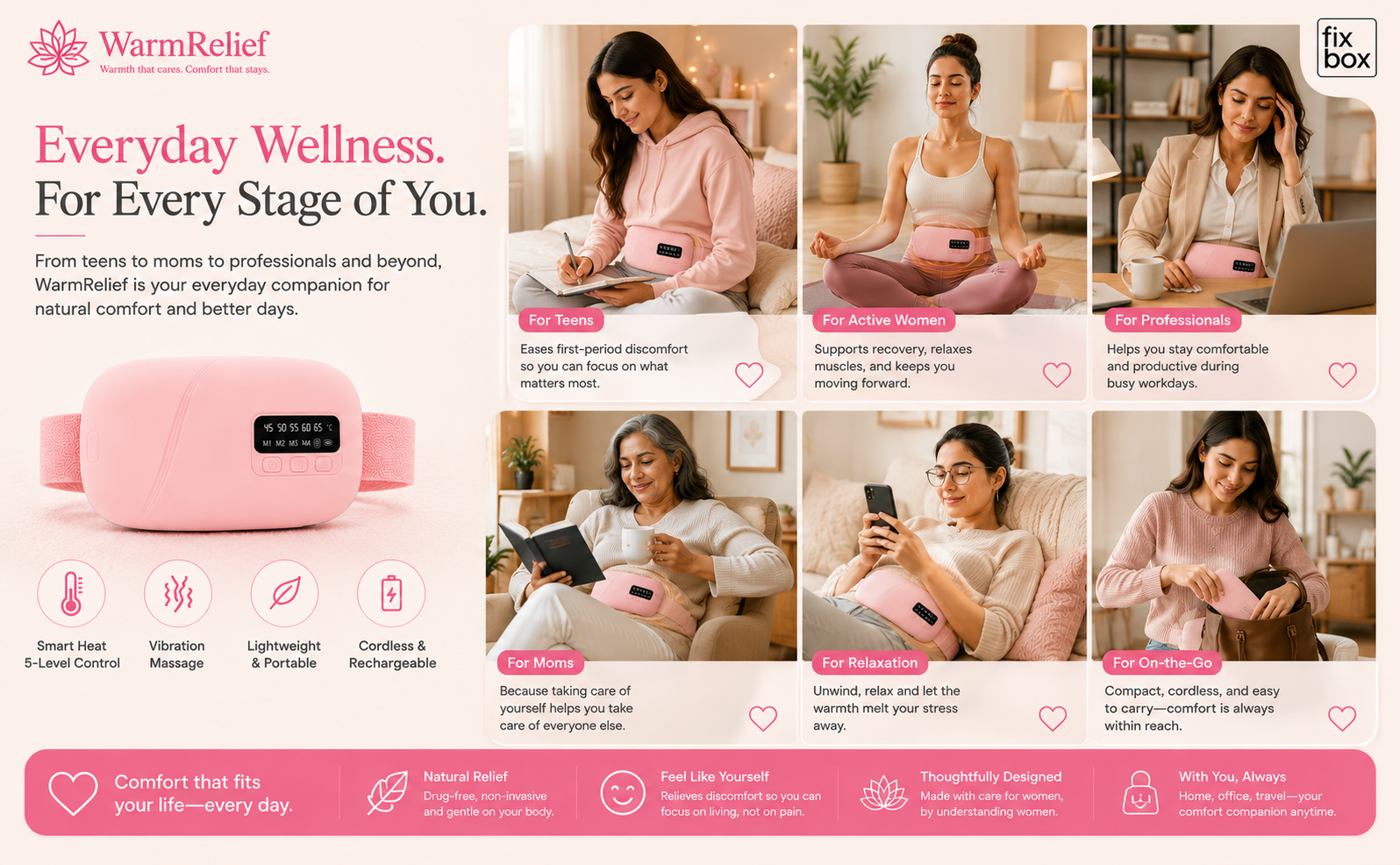 WarmRelief Cordless Heating Pad with 5-Level Heat & 4-Mode Vibration Massage, Period Cramp Relief, Velvet Padding, Smart Timer, Ergonomic and Discreet.