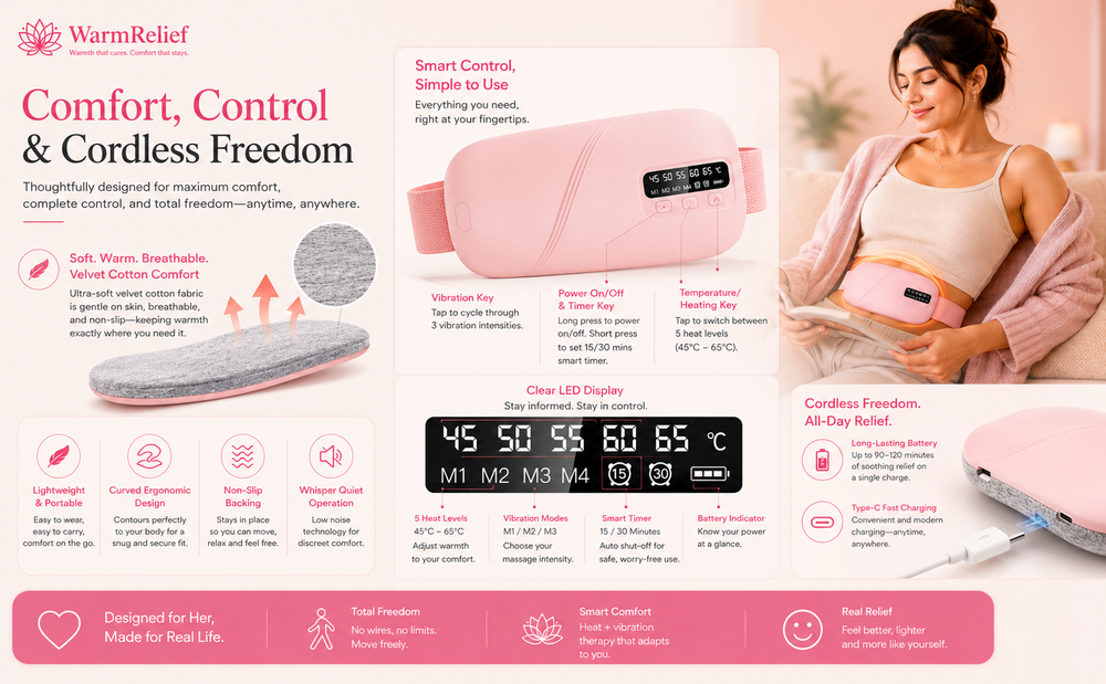 WarmRelief Cordless Heating Pad with 5-Level Heat & 4-Mode Vibration Massage, Period Cramp Relief, Velvet Padding, Smart Timer, Ergonomic and Discreet.